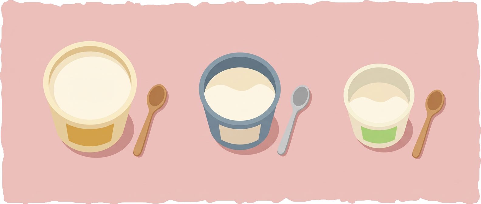 three yogurt containers with spoons on pink surface