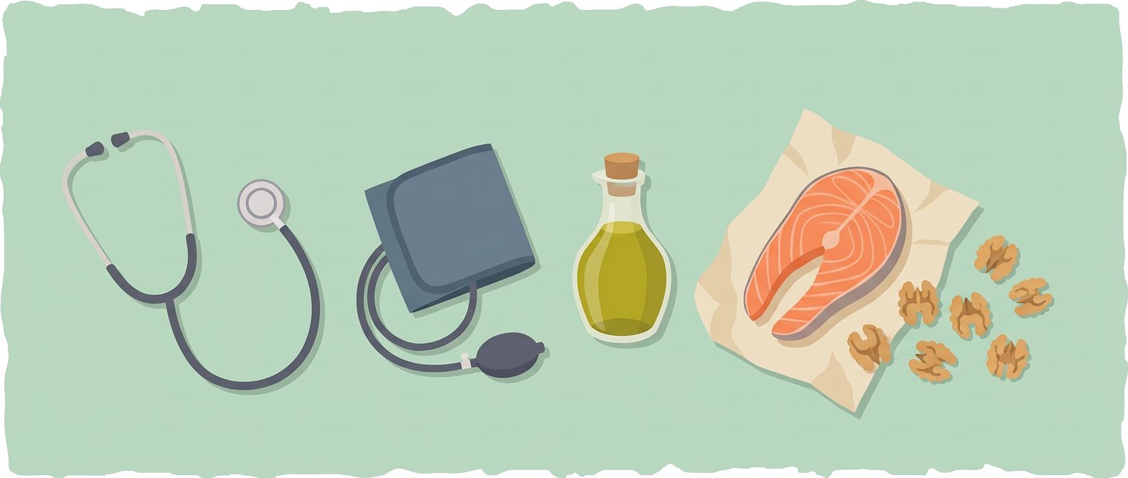 stethoscope, blood pressure cuff, olive oil bottle, salmon fillet on parchment and scattered walnuts