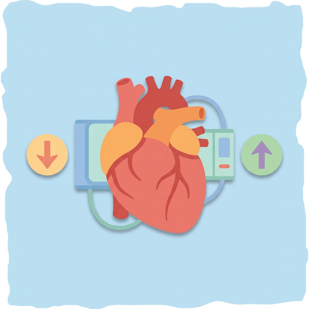 anatomical heart with blood pressure cuff, down arrow and up arrow icons