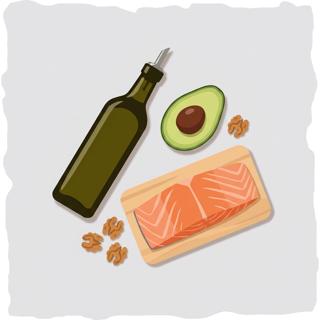 olive oil bottle, avocado half, salmon fillet on cutting board and scattered walnuts