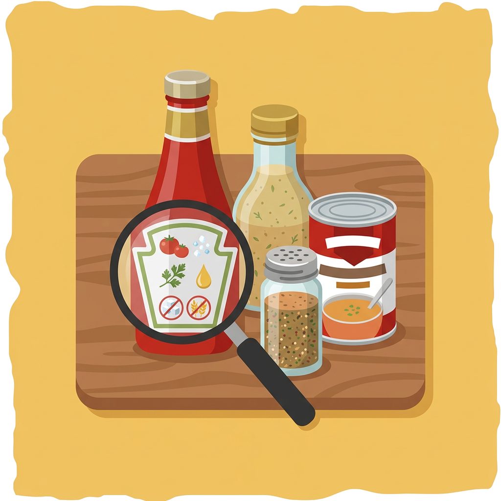 ketchup bottle, salad dressing, spice jar and canned soup on cutting board with magnifying glass