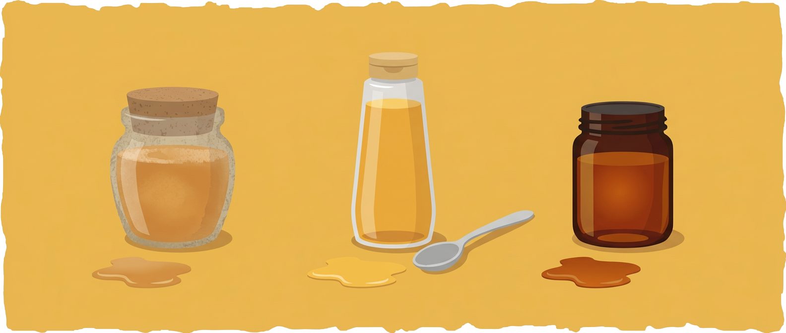 three honey jars with cork and screw lids, spoon and honey puddles