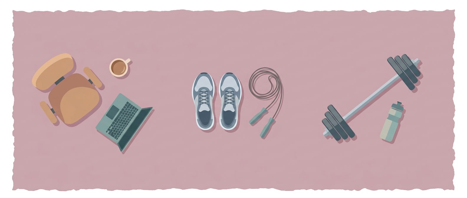 desk chair with laptop, running shoes with jump rope, and barbell with water bottle