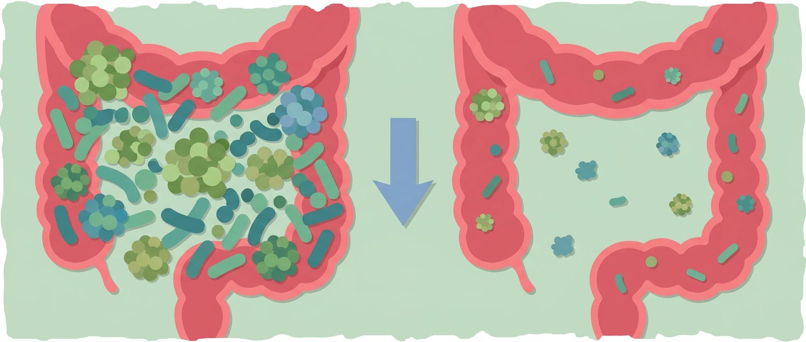 abundant gut bacteria in colon transitioning to depleted bacteria via downward arrow