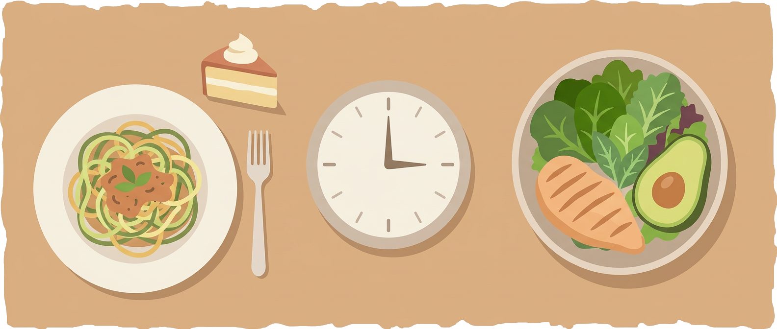 pasta plate and cake slice, wall clock, grilled chicken with greens and avocado