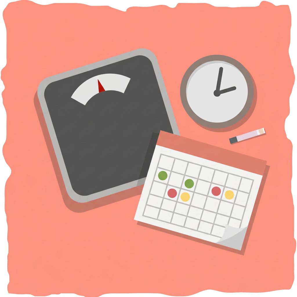 bathroom scale, analog clock, calendar page with colored dots, ketone test strip