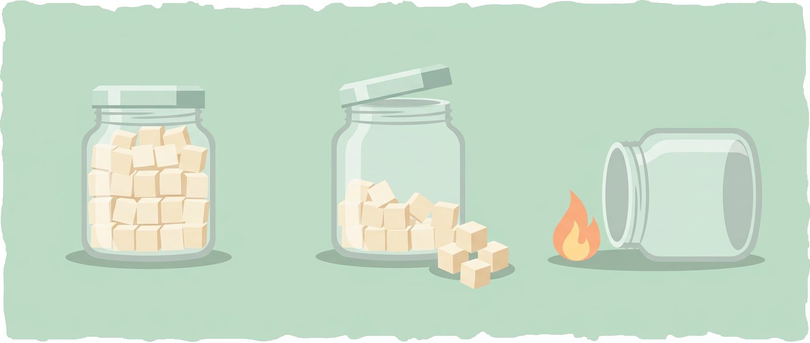three glass jars showing glycogen depletion stages with small flame