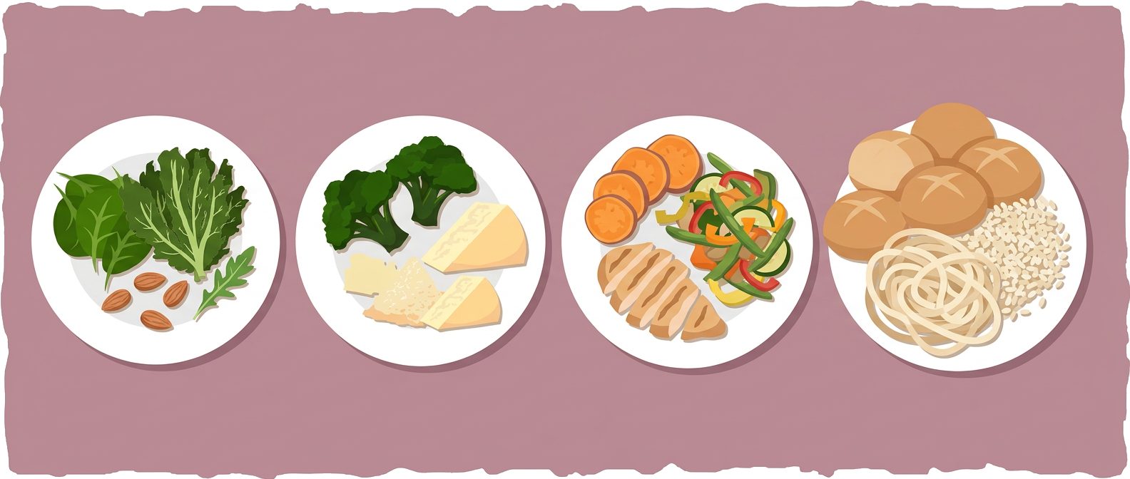 four plates with increasing amounts of food from greens and almonds to pasta and rice