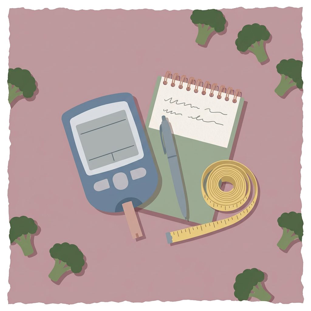 blood ketone meter, spiral notebook with pen, measuring tape and broccoli florets