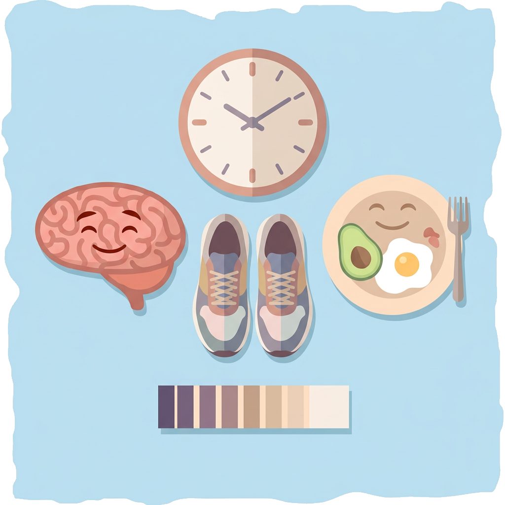 clock face, happy cartoon brain, running shoes, plate with avocado and egg, color test strip