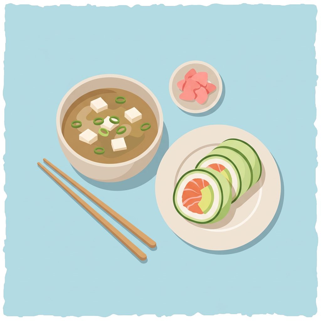 miso soup with tofu and green onion, cucumber naruto rolls, chopsticks, and pickled ginger
