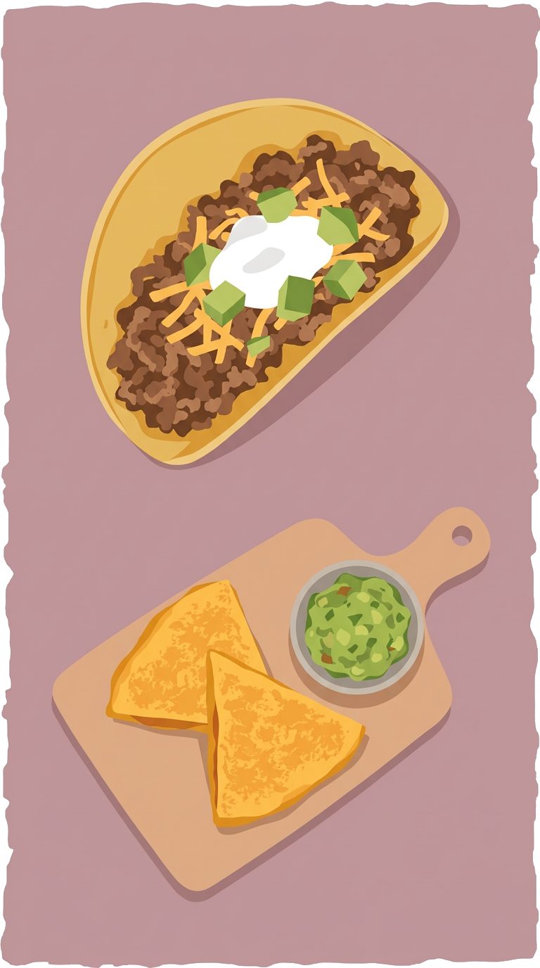loaded beef taco with sour cream and avocado, quesadilla wedges with guacamole