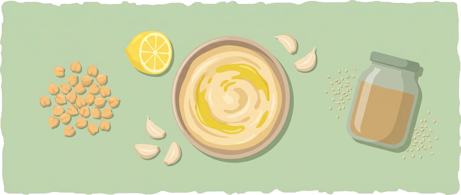 hummus bowl with olive oil, chickpeas, tahini jar, lemon and garlic