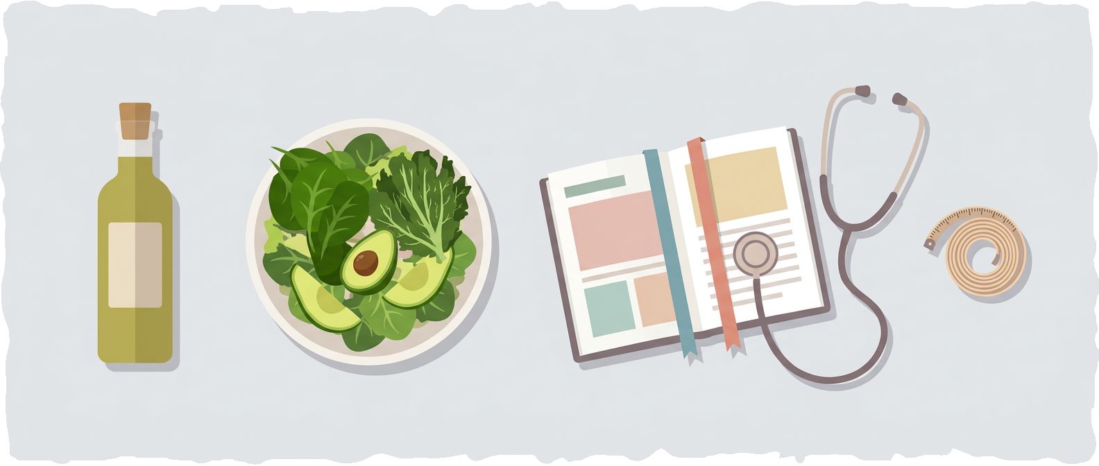 olive oil bottle, leafy green salad bowl, open research journal, stethoscope and measuring tape