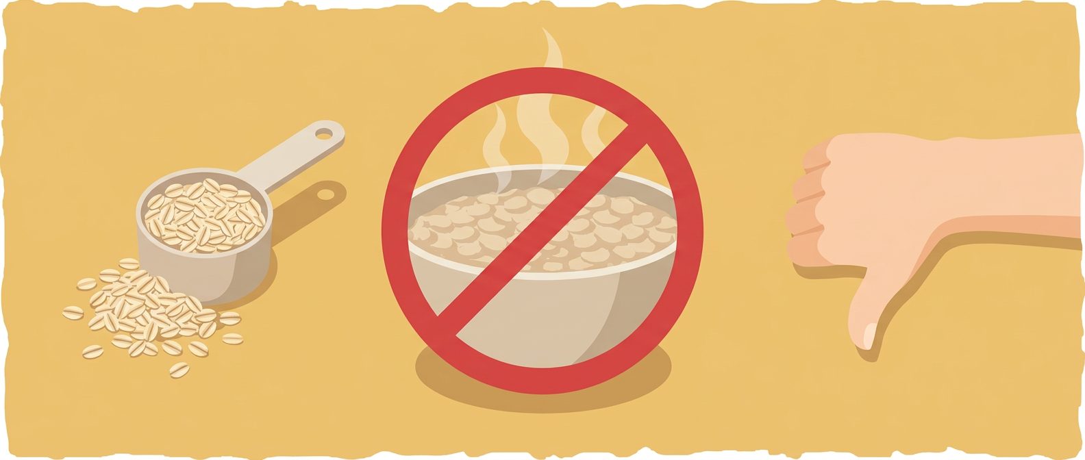 oatmeal bowl with red prohibition sign, oat scoop and thumbs down