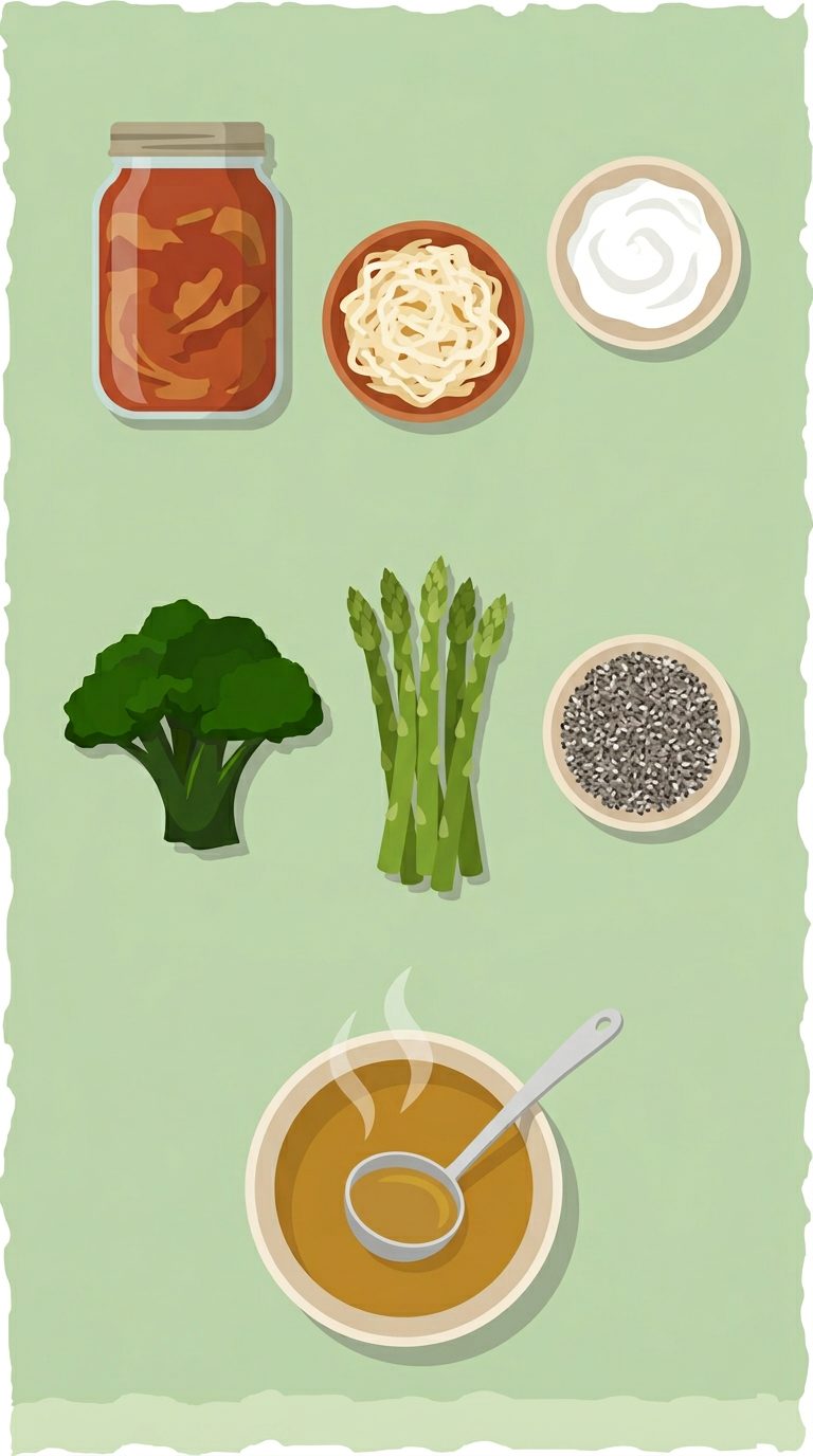 kimchi jar, sauerkraut, yogurt, broccoli, asparagus, chia seeds and bone broth bowl