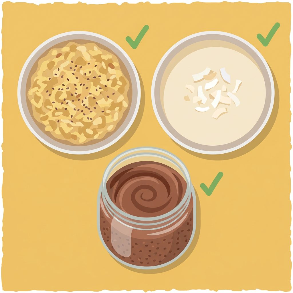 almond noatmeal bowl, coconut porridge and chocolate chia pudding jar with checkmarks