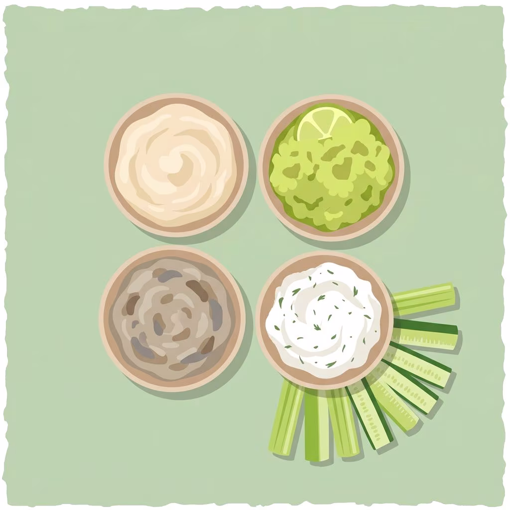 four dip bowls with cauliflower hummus, guacamole, baba ganoush, herb cream cheese and veggie sticks