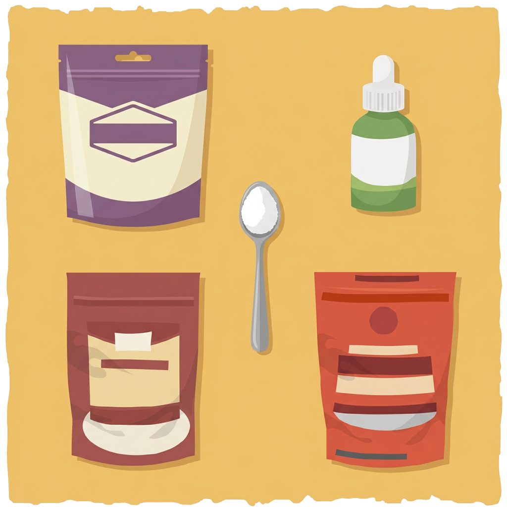 four sweetener pouches and dropper bottle with spoon of white powder