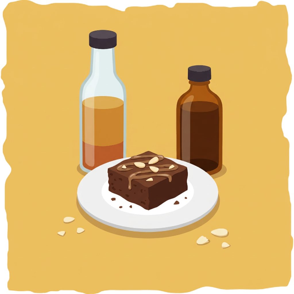 chocolate brownie on plate with vinaigrette bottle and vanilla extract
