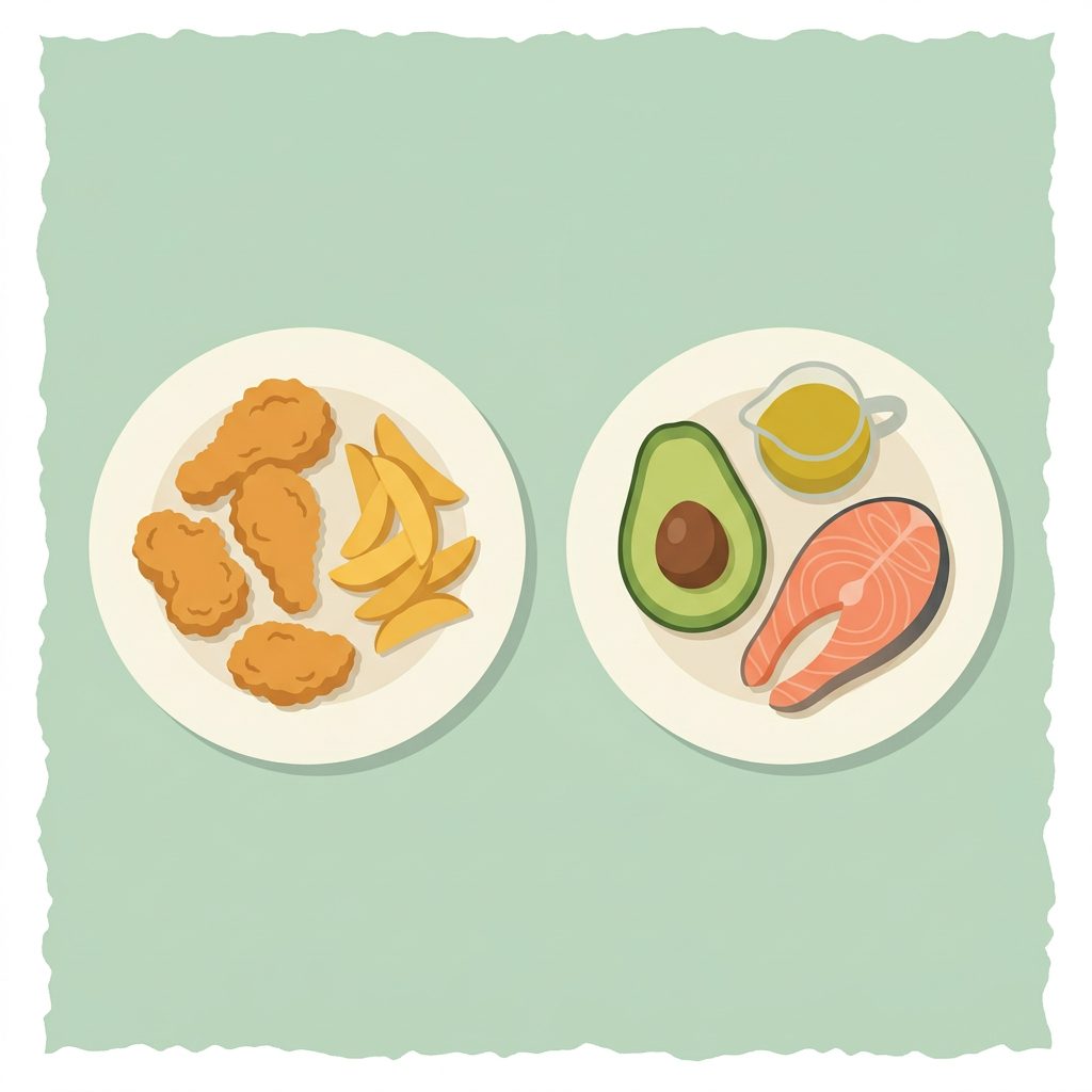 fried foods plate compared to keto plate with avocado, salmon and olive oil