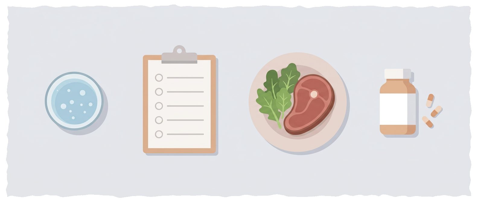 glass of water, clipboard with checklist, grilled steak with greens and supplement bottle