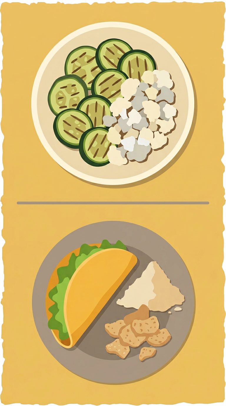 zucchini slices and cauliflower bowl above cheese shell taco with almond flour and pork rinds