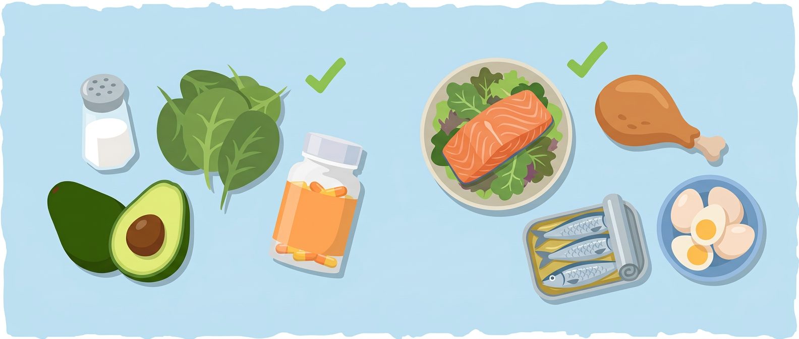 salt shaker, avocado, spinach, supplement bottle, salmon bowl, chicken thigh, sardines and eggs