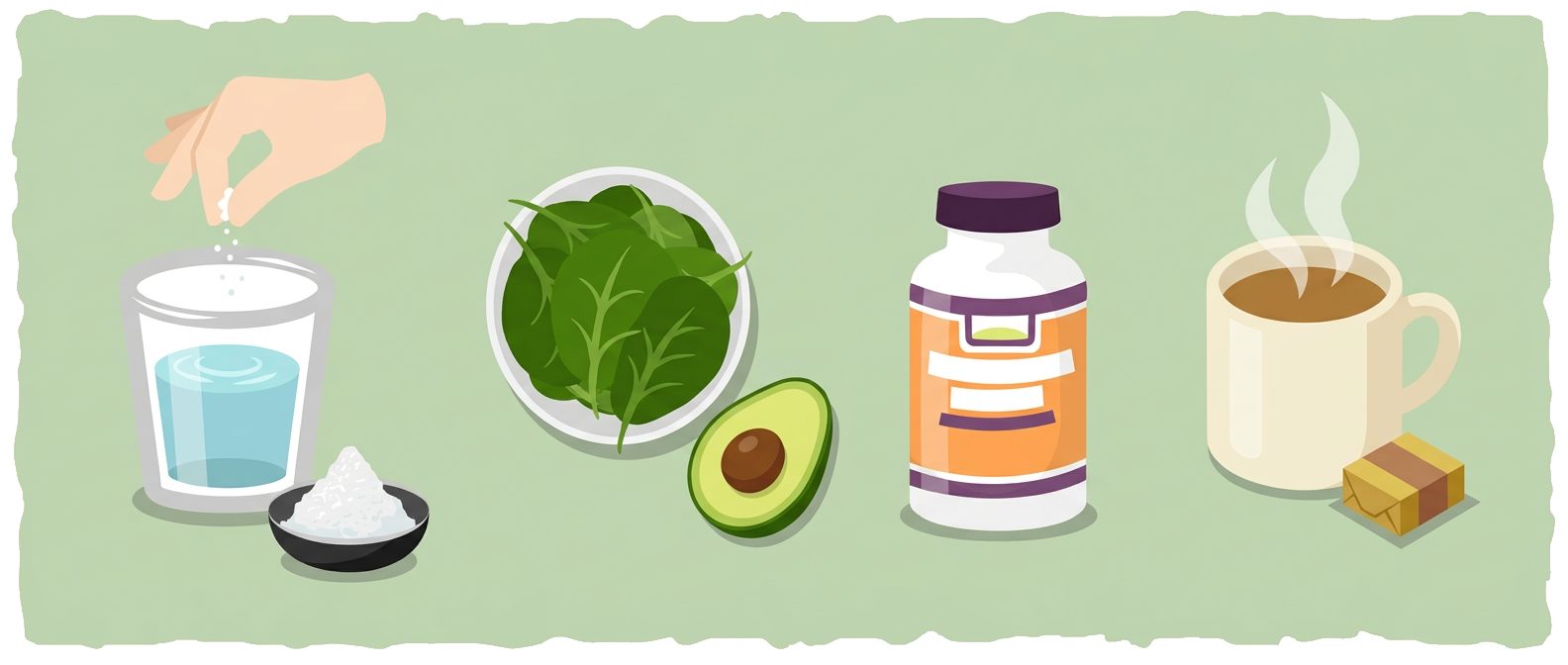 hand adding salt to water glass spinach bowl avocado supplement bottle and steaming mug