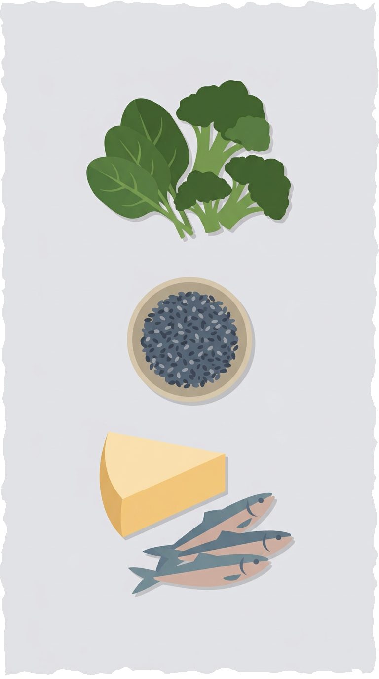 spinach leaves, broccoli florets, bowl of chia seeds, cheese wedge and sardines