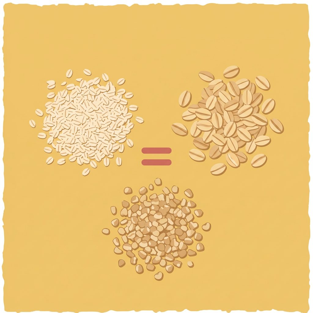 three piles of instant, rolled and steel-cut oats with equals sign