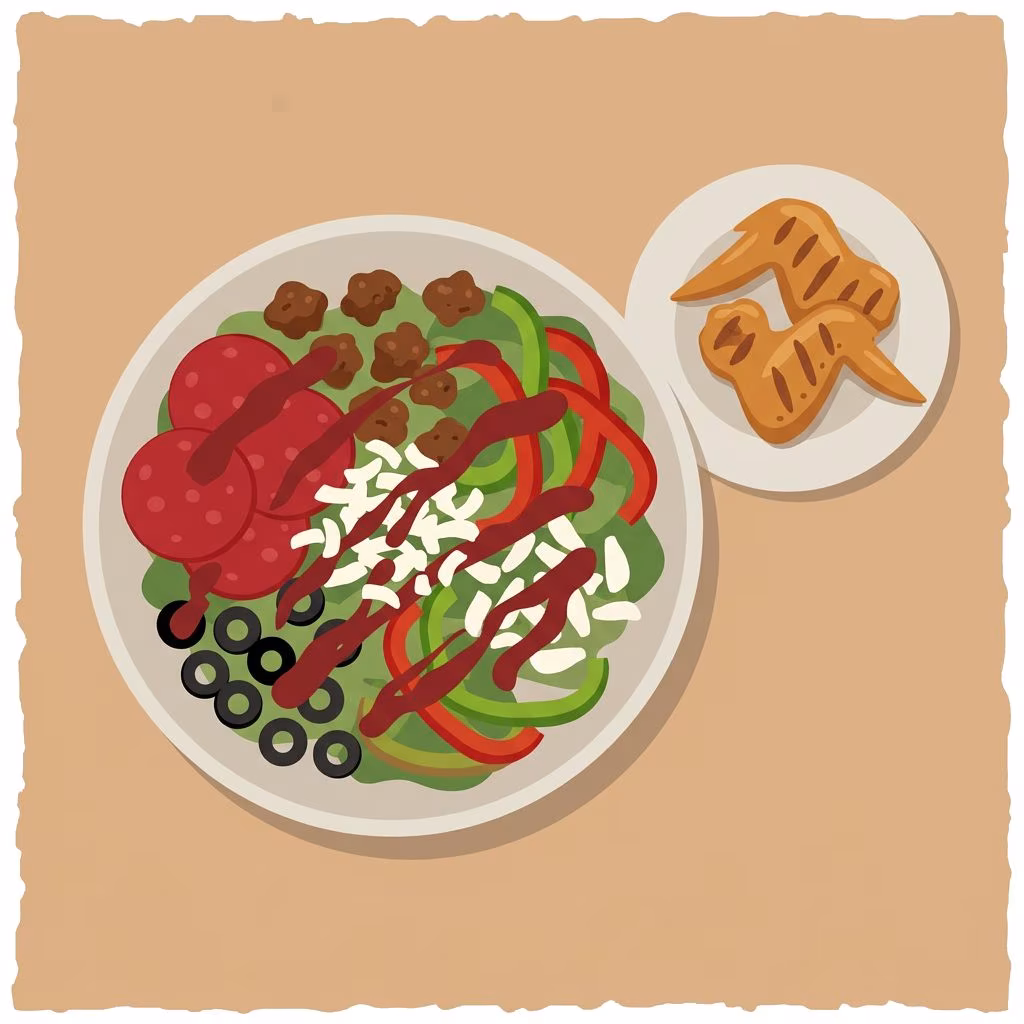 salad bowl with pepperoni, sausage, olives, peppers and cheese with chicken wings on side plate