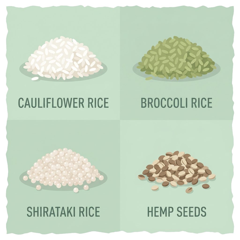 shirataki rice pile, riced broccoli mound and scattered hulled hemp seeds