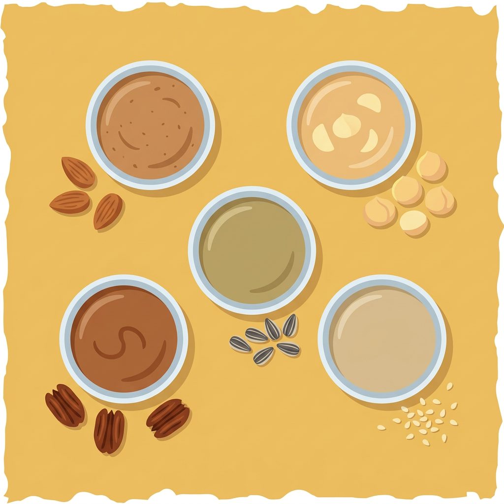 five bowls of nut and seed butters with almonds, pecans and sunflower seeds