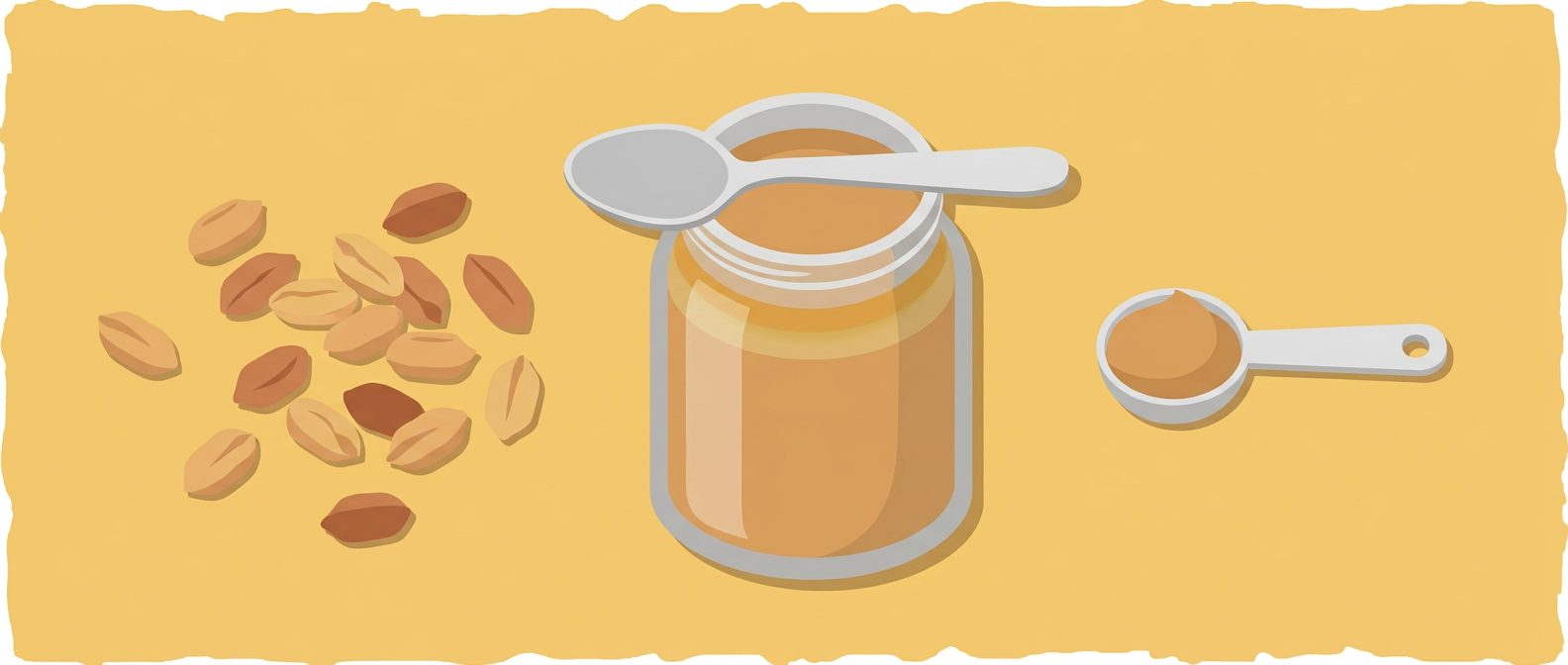 open peanut butter jar with spoon, scattered peanuts and measuring spoon