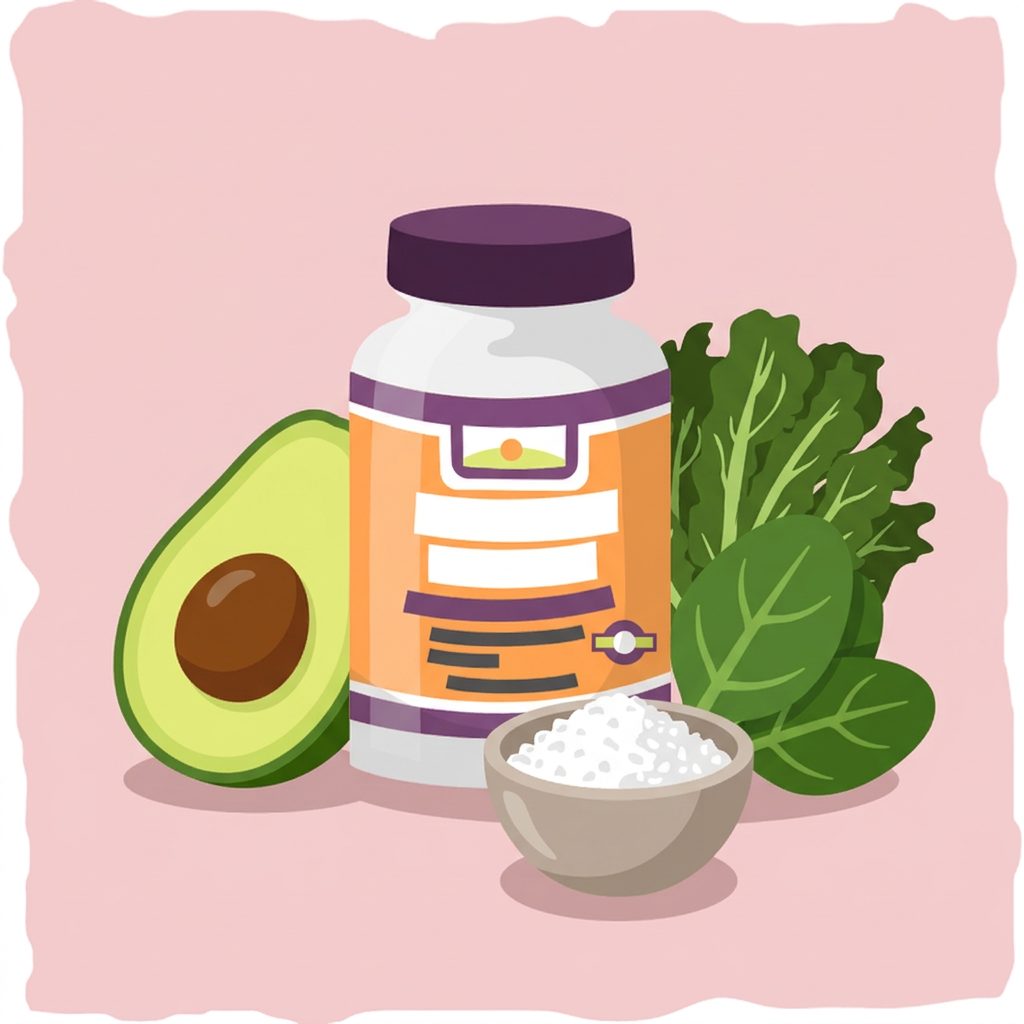 avocado half, supplement bottle, leafy greens and salt bowl