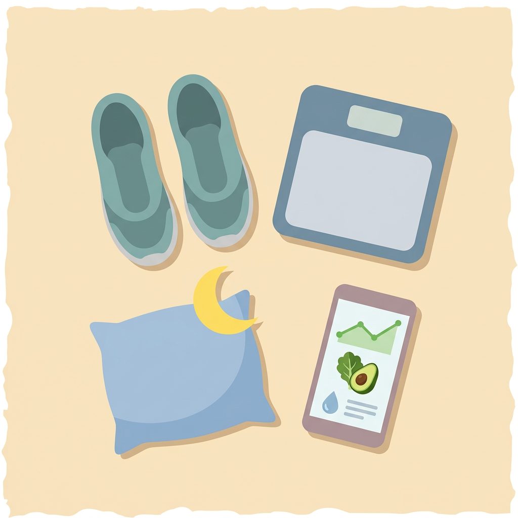 walking sneakers, bathroom scale, pillow with crescent moon, and food tracking app on smartphone