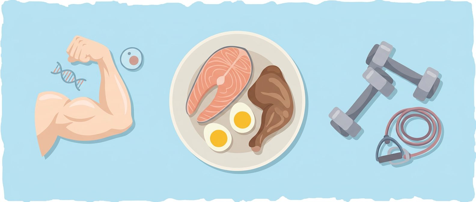 flexed arm with dna helix, plate of salmon chicken and eggs, dumbbells and resistance band