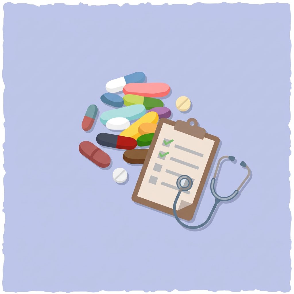 colorful medication pills, clipboard checklist and stethoscope