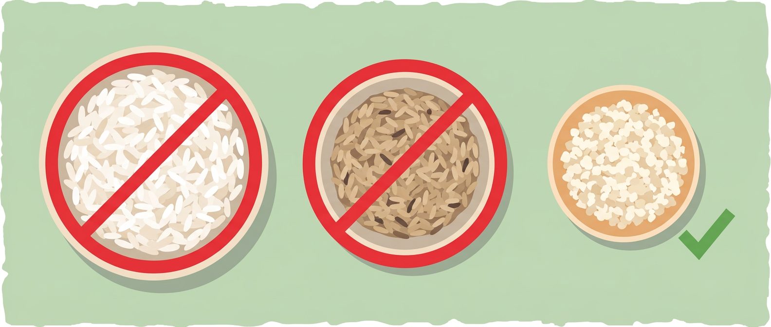 white rice bowl and brown rice bowl with red prohibition signs next to smaller cauliflower rice bowl with green checkmark