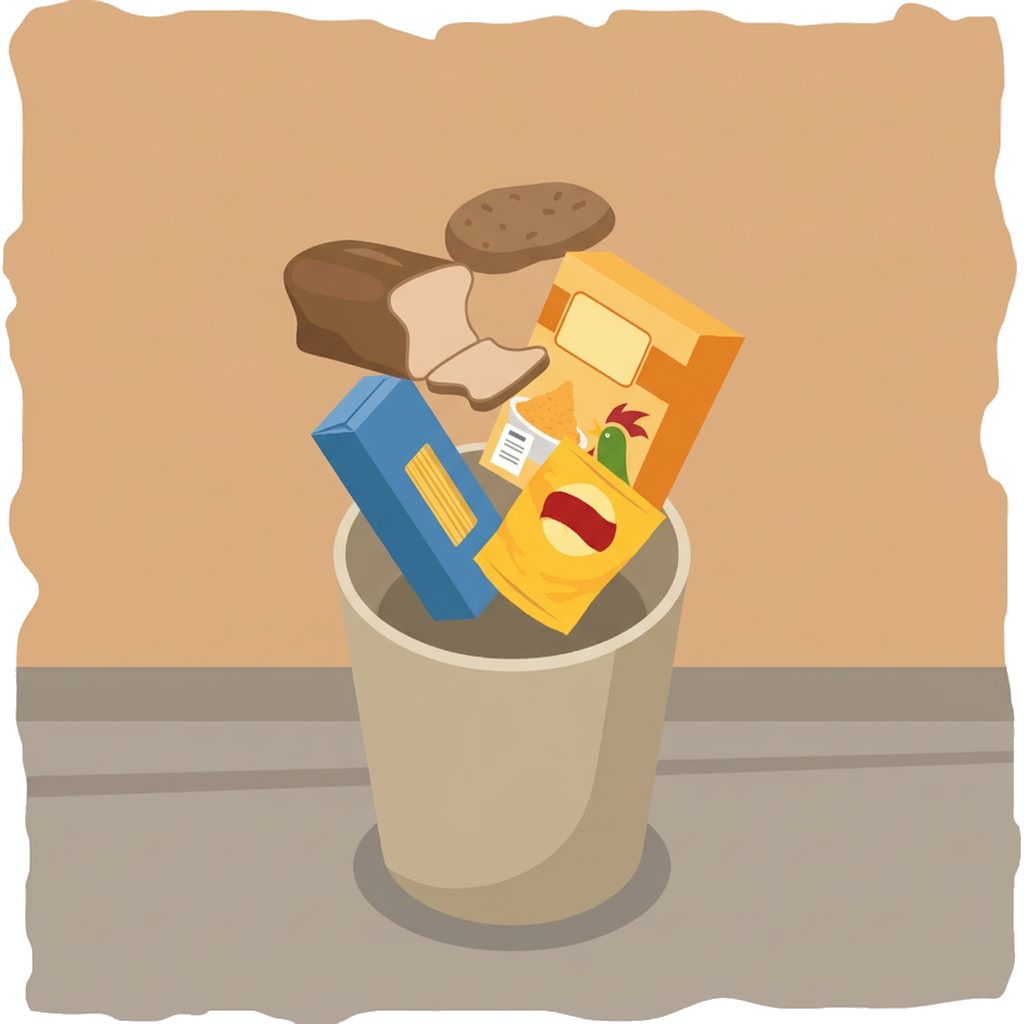 trash bin with bread loaf, pasta box, chips bag and cereal box