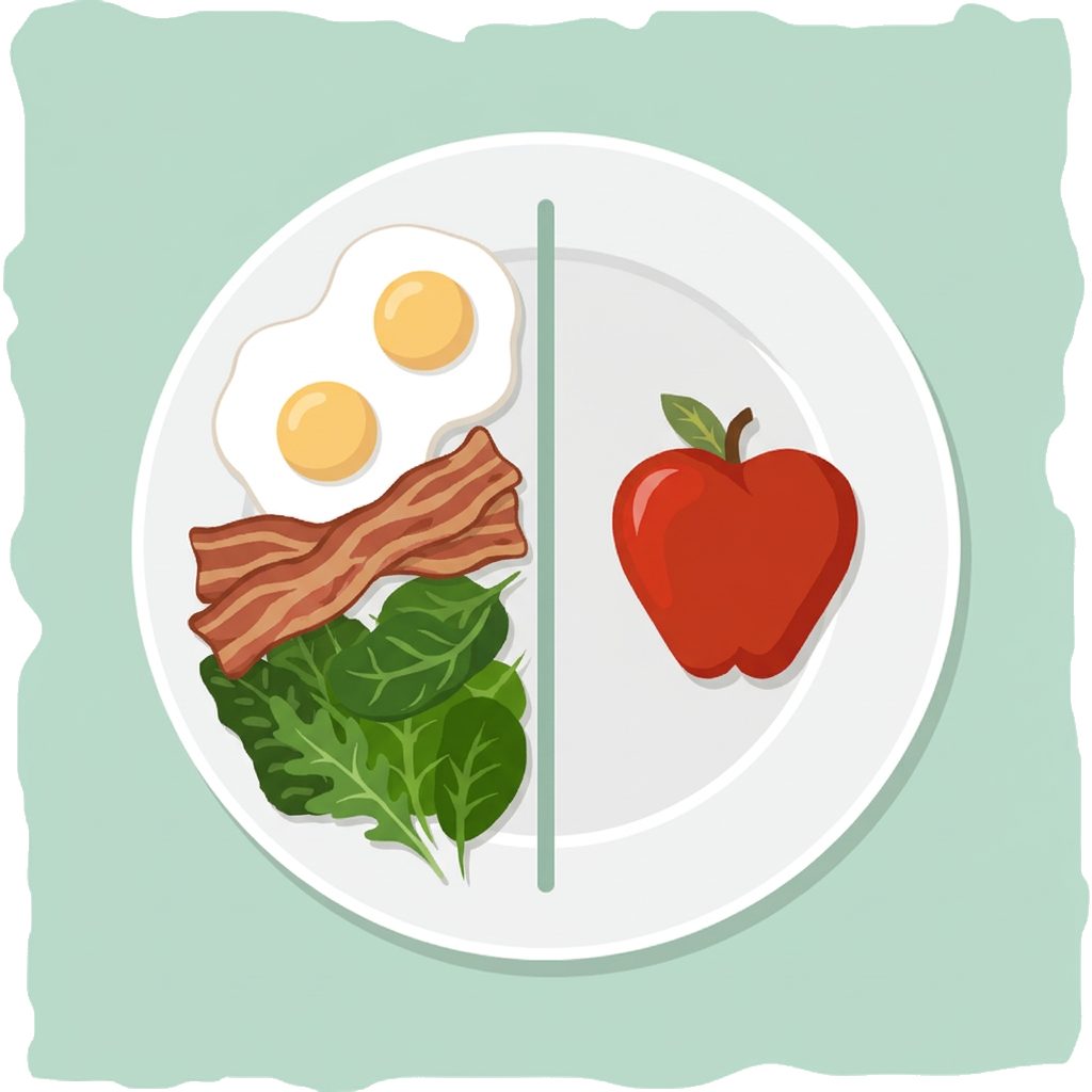 plate divided with eggs bacon and greens versus red apple