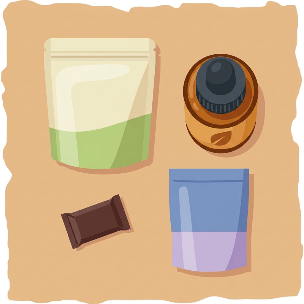 sweetener pouches, dropper bottle and wrapped chocolate bar piece