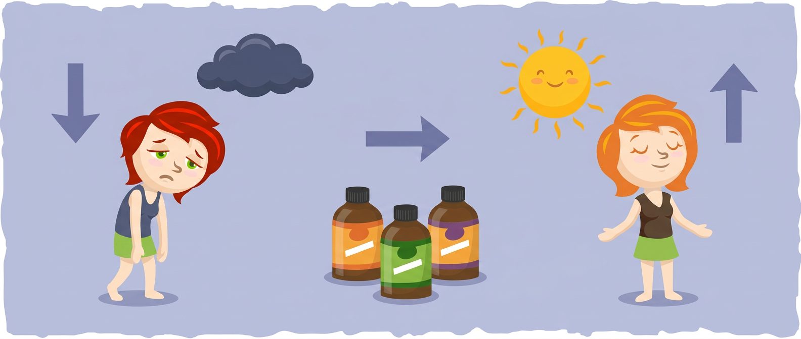 fatigued figure with storm cloud, supplement bottles, and uplifted figure with sun