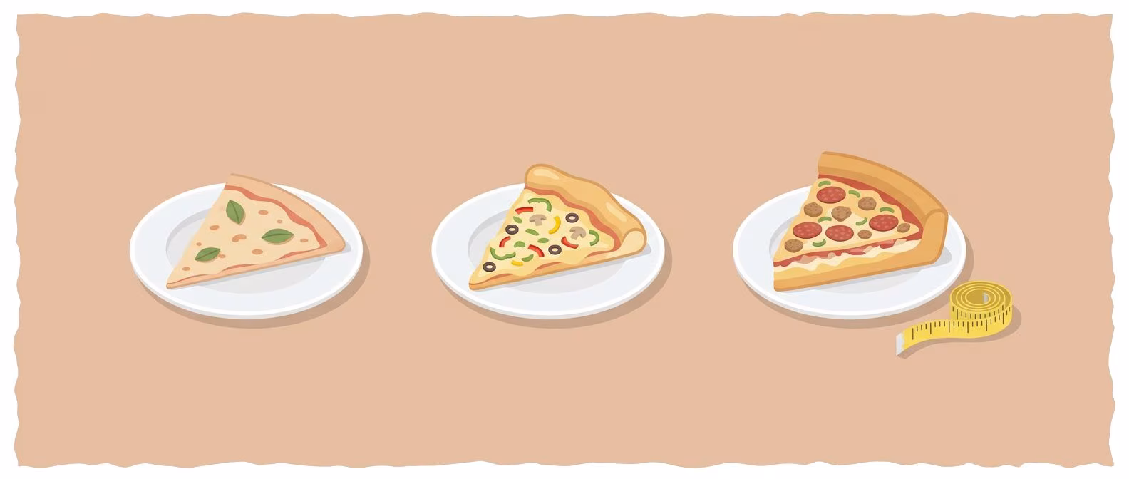 three pizza slices on white plates from thin crust to deep-dish with measuring tape