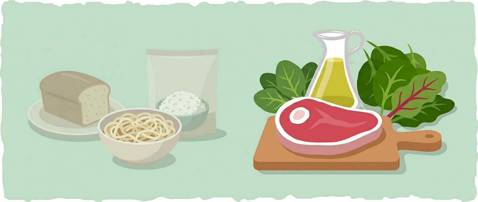 bread loaf, pasta bowl and rice bag beside steak on cutting board with olive oil and leafy greens