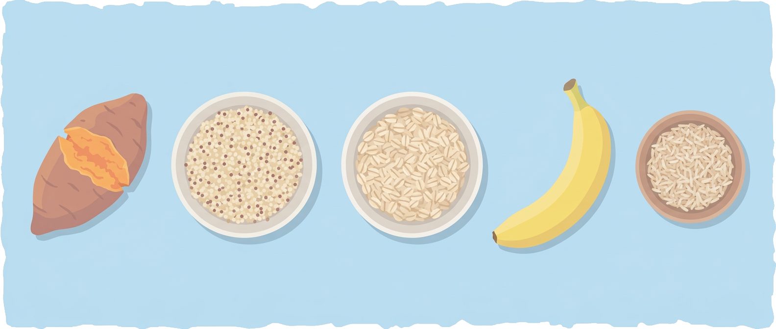 sweet potato, quinoa bowl, oats bowl, banana and brown rice