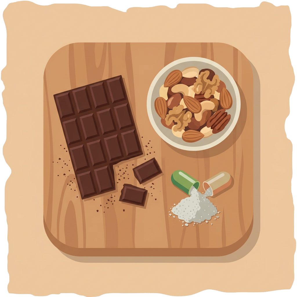 dark chocolate bar, mixed nuts in bowl and supplement capsule on cutting board