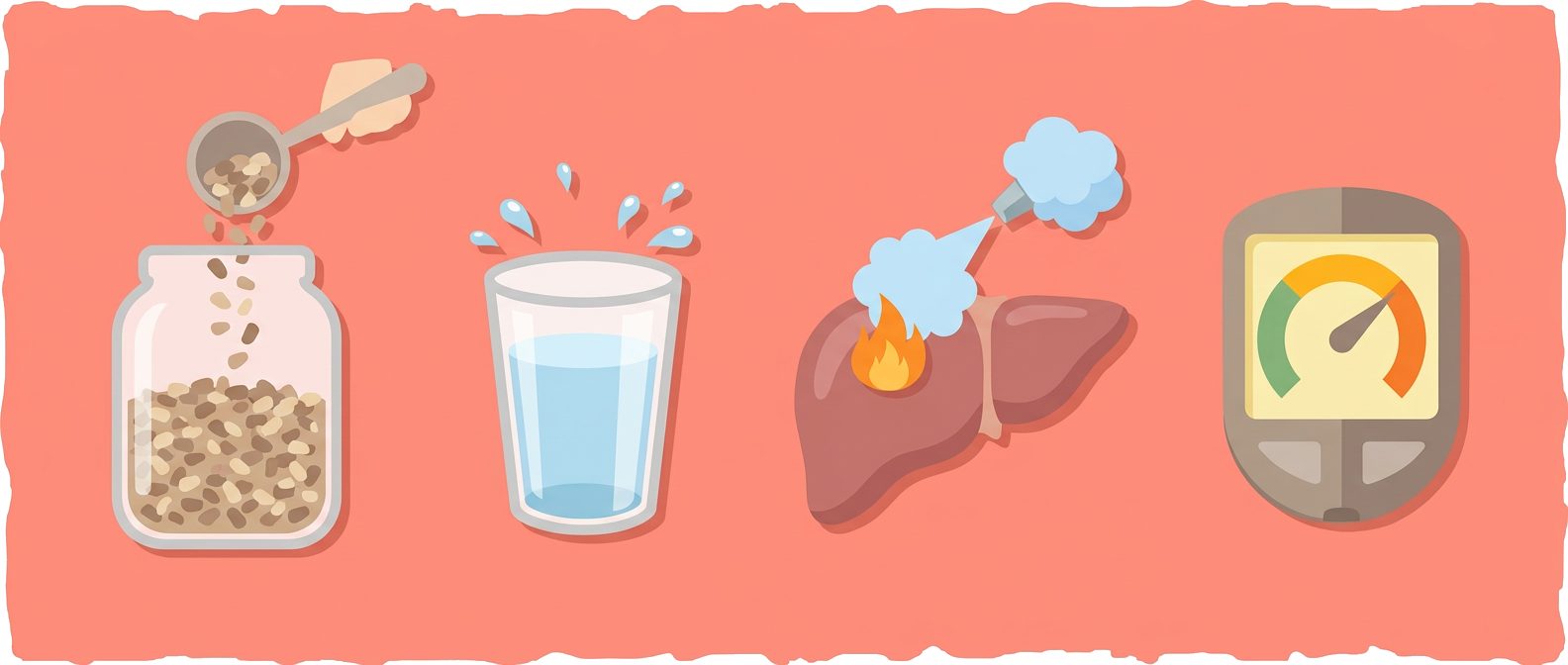 jar of granules being refilled, glass of water with splashing droplets, liver with flame and steam, blood glucose meter