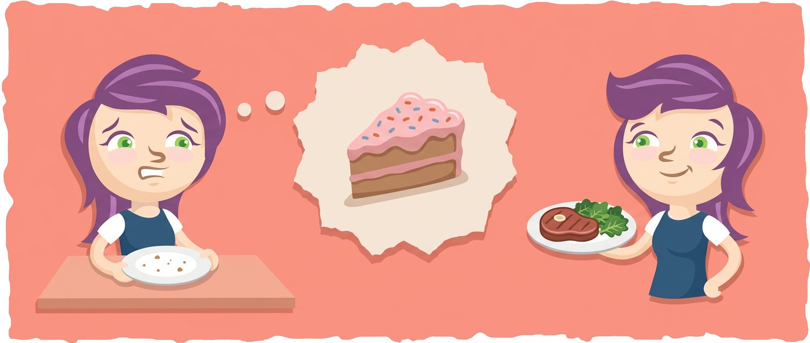 worried woman with empty plate, thought bubble with frosted cake slice, confident woman holding steak and greens plate